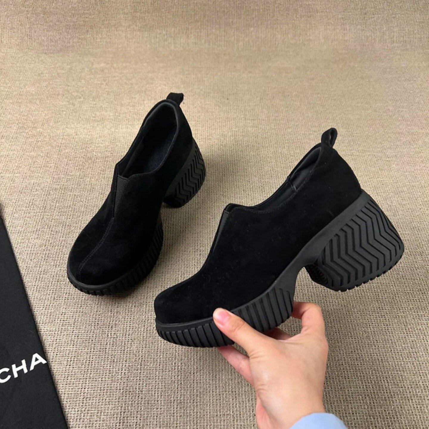 羊皮版~复古圆头一脚蹬厚底单鞋女小个子通勤真皮松紧带深口单鞋,女鞋,深口单鞋,淘宝优惠券,粉丝福利购,淘宝优惠卷