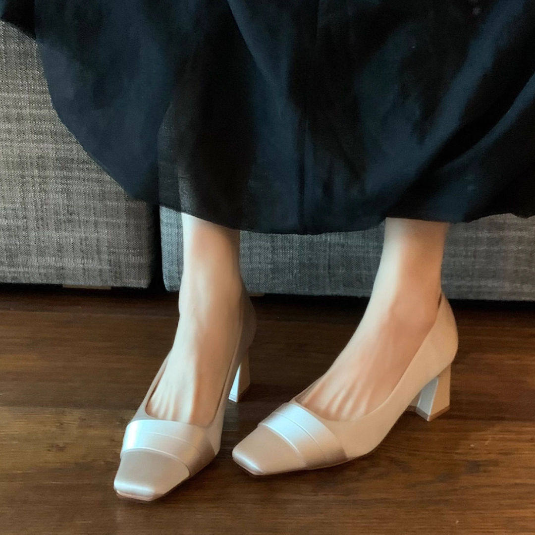 羊皮版！法式名媛绸缎裸色高跟鞋女一脚蹬粗跟方头气质单鞋不累脚,女鞋,浅口单鞋,淘宝优惠券,粉丝福利购,淘宝优惠卷