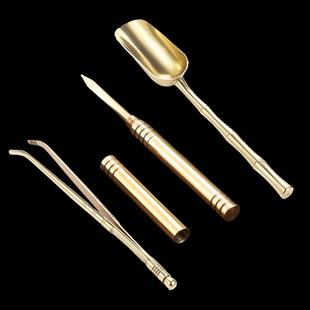 黄铜茶夹三件套铜茶夹子茶勺茶铲茶刀茶针茶道零配洗杯夹茶勺子