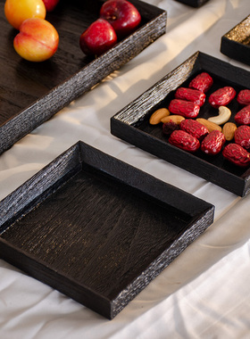 侘寂风复古实木托盘长方形茶盘酒店民宿会所咖啡厅黑色点心木盘子