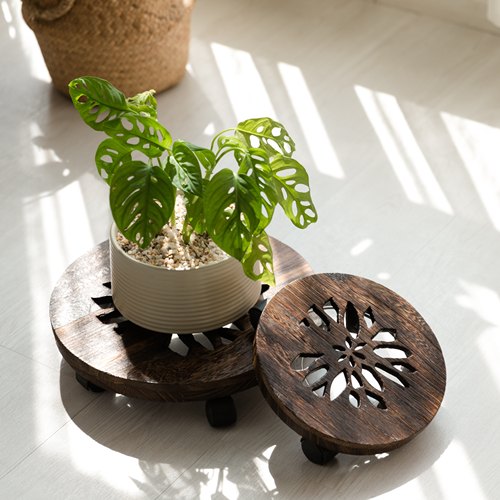 移动带接水盘极简实木雕花花盆架