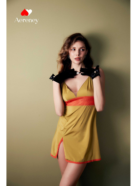 特价AERENEY/爱亦心伊法式性感蕾丝深V吊带短裙女睡衣91505
