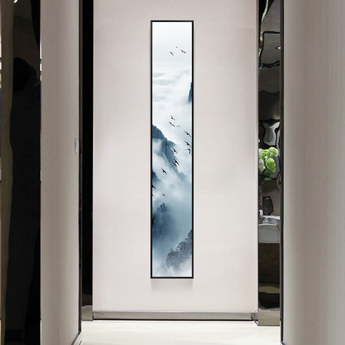 入户玄关装饰画竖版长条意境远山风景画酒店茶室书房单幅山水挂画