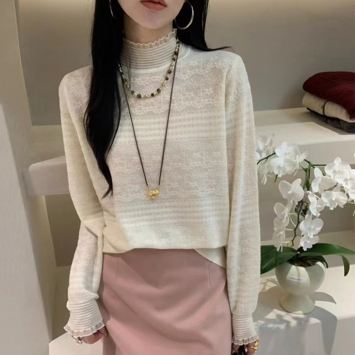 法式蕾丝打底衫女秋冬季2024年新款毛衣半高领宽松内搭针织衫上衣