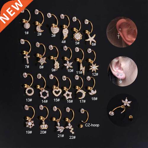 Chissen 1pc 6/8mm Stainless Steel Cz Hoop Dangle Piercing Ea