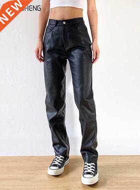 Cargo Pants Women Black Faux Leather Pants High Waist Pants