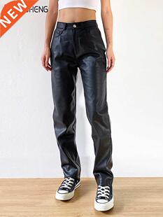 Cargo Pants Women Black Faux Leather Pants High Waist Pants