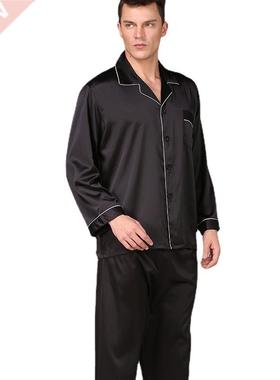 Men's black imitation silk pajamas spring and summer long sl