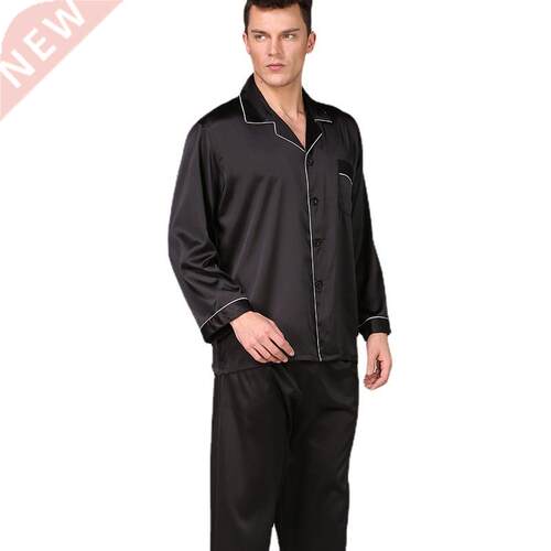 Men's black imitation silk pajamas spring and summer long sl