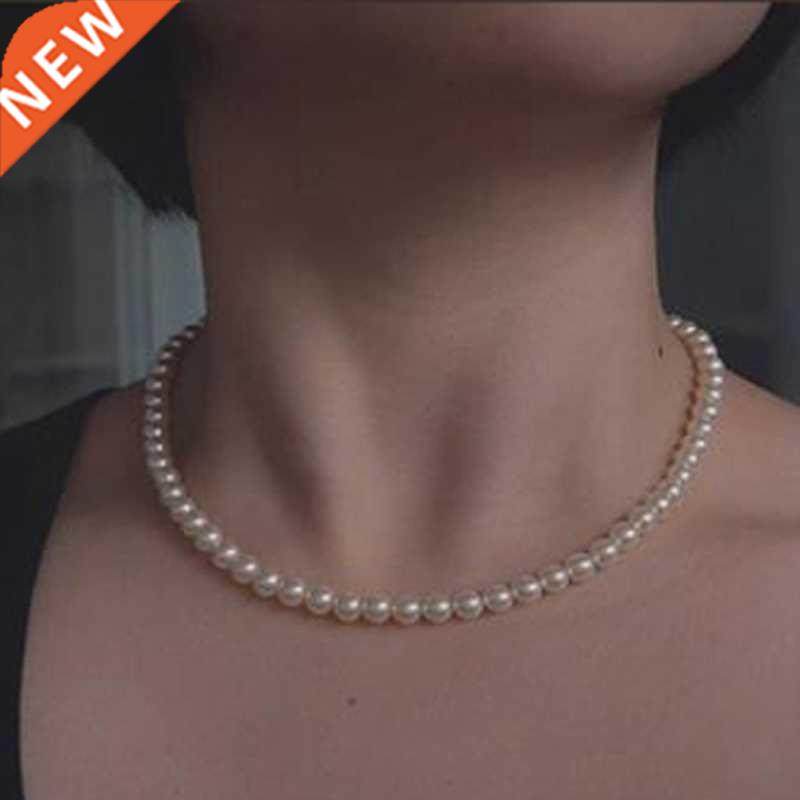 Vintage yle Simple 6MM Pearl Chain Choker Necklace For Wom