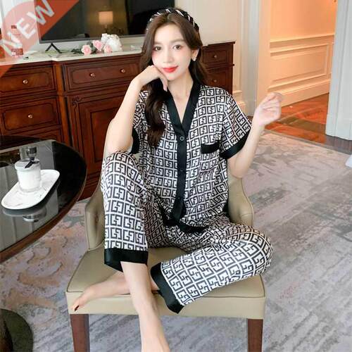 M-5XL Plus Size Luxury Silk Pajamas for Women Summer V Ne