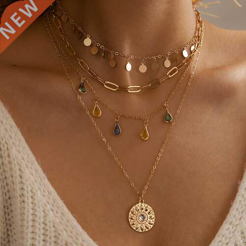 docona Boho Water Drop Colorful Crystal Pendant Necklace for