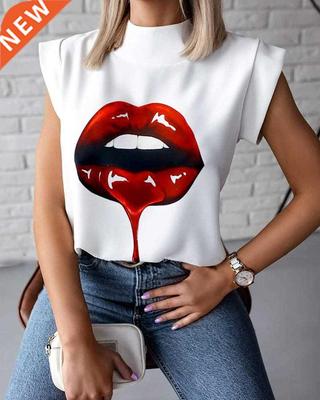 Hirigin 2020 Fashion Women Elegant Lips Print Tops Blouse Sh