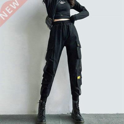Women's Cargo Pants Black Ribbon Pocket Jogger Elastic Waist