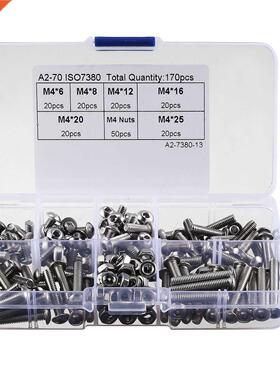 170pcs 304 M4 Hex Socket Button Head Screw Nut Assortment Ki