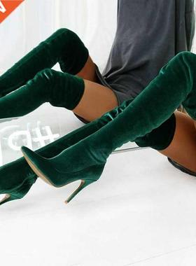 Women Pointed Toe Over The Knee Boots Women's Flock Thigh Hi