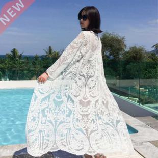 2022 Dress Beach White Lace Summer Maxi Dress Women Long Sle