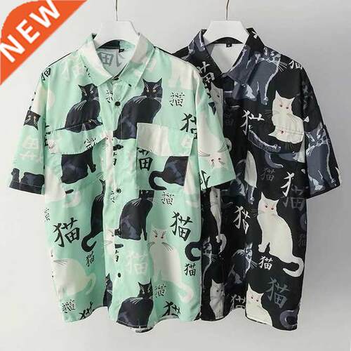 Summer high quality Mens Hawaiian Shirt 3D animal black cat