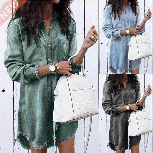 Women Loose Denim Shirts Summer Casual Female Mini Dress衬衫