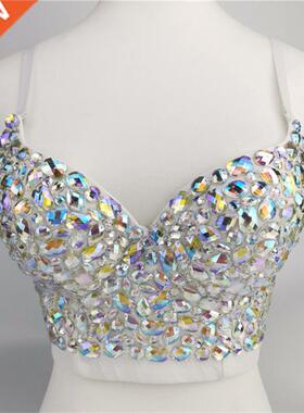 Women AB Colored Rhinestone Bustier Crop Top Spaghetti Strap