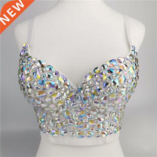 Women AB Colored Rhinestone Bustier Crop Top Spaghetti Strap