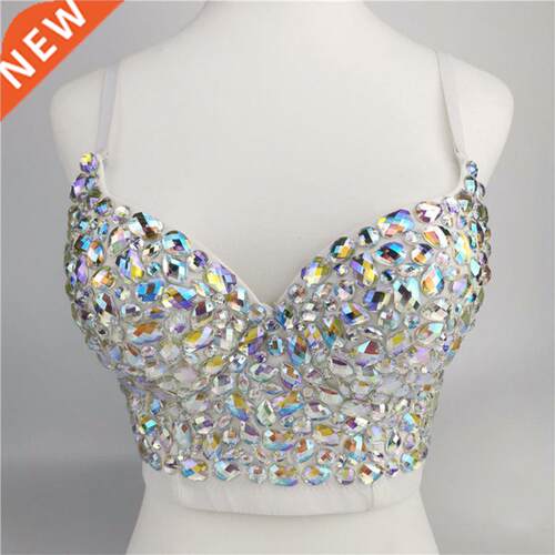 Women AB Colored Rhinestone Bustier Crop Top Spaghetti Strap