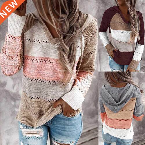 Autumn Women Patchwork Hooded Sweater Long Sleeve V-neck Kni