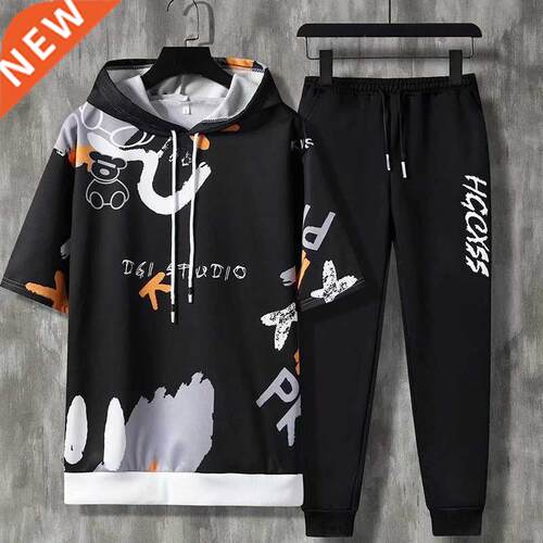 Summer Men's Sets Korean Fashion Hooded outfit Set Short Sle