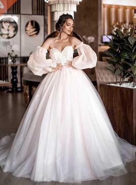 New Ball Gowns Detachable Puff Sleeves Glitter Wedding Dress