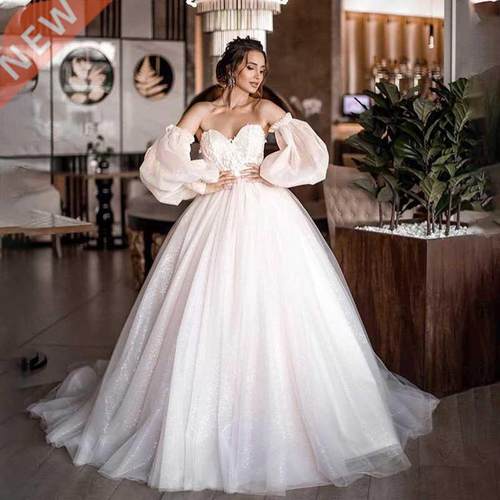 New Ball Gowns Detachable Puff Sleeves Glitter Wedding Dress