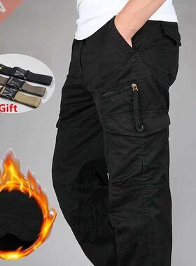 Winter Men's Cargo Pants Double Layer Fleece Warm Thick Mili