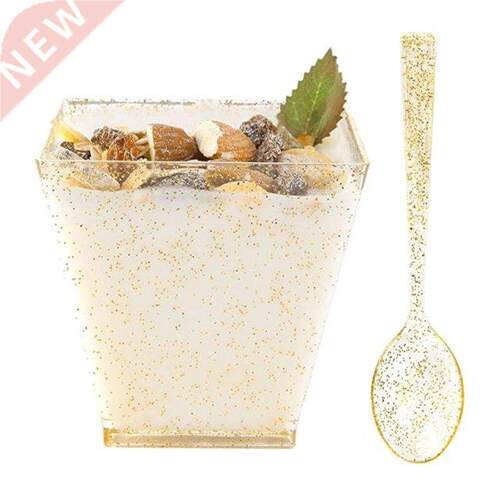 50Pack Square Small Dessert Cups-4oz Disposable Gold Glitter