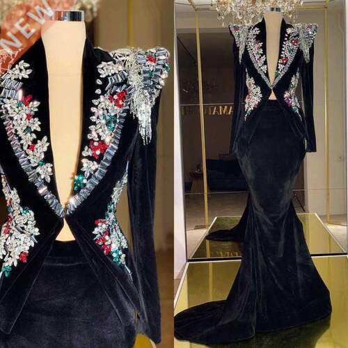 Velvet Jacket & Skirt Set with Crystal Embroidery Long E