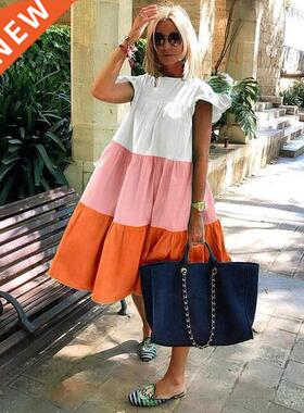 Elegant Patchwork Ht Color Dress Women O Neck Half Sleeve O