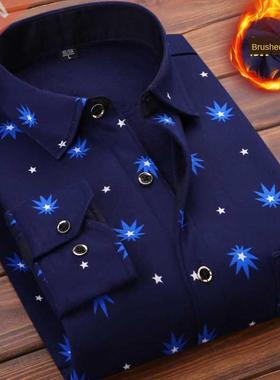 Spring Winter Men's Long Sleeve Plaid Flannel Fur Lined Thic