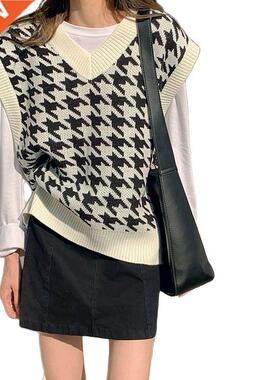 Women Sweater Vest Autumn Houndstooth Plaid V-neck Sleeveles