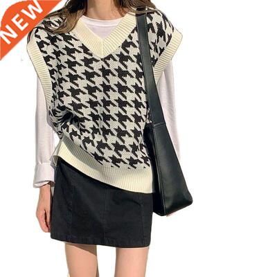 Women Sweater Vest Autumn Houndstooth Plaid V-neck Sleeveles