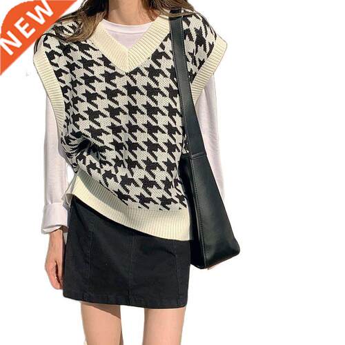 Women Sweater Vest Autumn Houndstooth Plaid V-neck Sleeveles