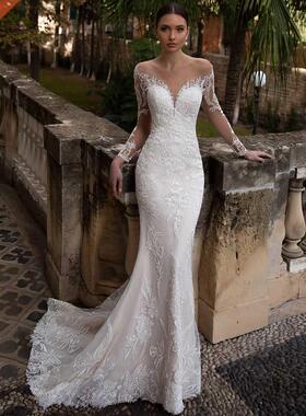 Mermaid Wedding Dresses 2022 Illusion Backless Full Sleeves