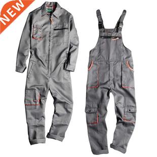 Men Long Sleeve Cargo Overalls Bib Pants Zipper Pockets Romp