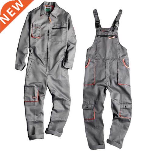 Men Long Sleeve Cargo Overalls Bib Pants Zipper Pockets