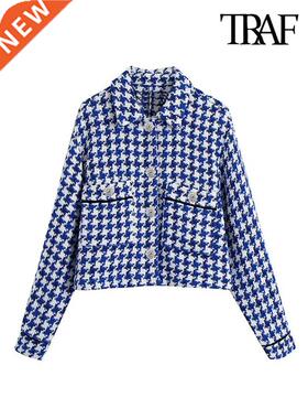 TRAF Women Fashion With Rhinestone Button Tweed Jacket Coat