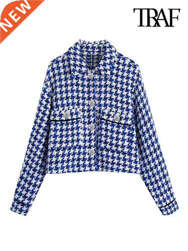 TRAF Women Fashion With Rhinestone Button Tweed Jacket Coat