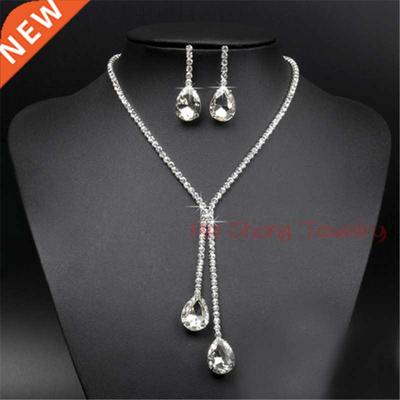 Crystal Teardrop Long Necklace Earrings Set Silver Color Wed