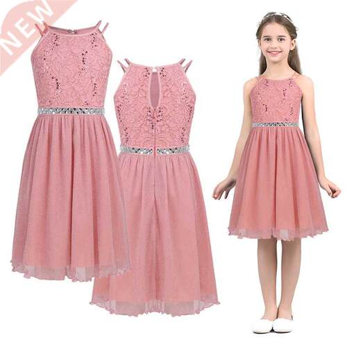 6-14 Years Kids Girls Sleeveless Sequined Floral Lace Shiny