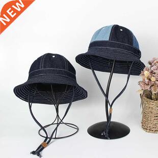 Denim Splicing Dome Fisherman'S Hat Drawstring Shading Summe