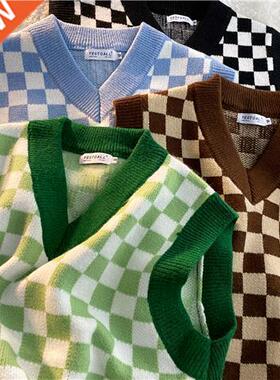 2022 Autumn V-neck Knt Sweater Vests Men Loose College Kore