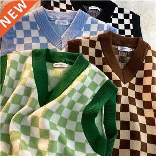 2022 Autumn V-neck Knt Sweater Vests Men Loose College Kore