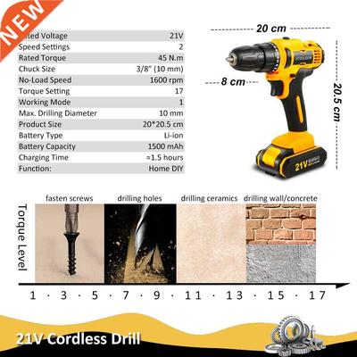 21V New Cordless Drill Screwdriver Electric Wireless Powerf