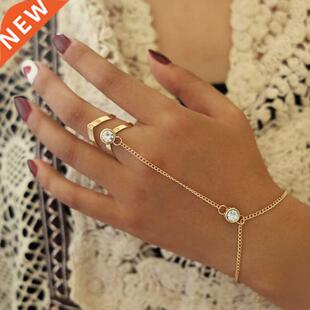 Gold Big Crystal Ring Bracelet for Women Wrist Chain Jewelry